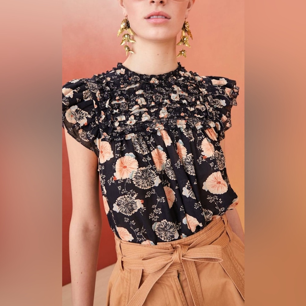 Ulla Johnson Erin Top Noir Floral Flutter Sleeve Size 6 Cotton Blend‎ Ruffles